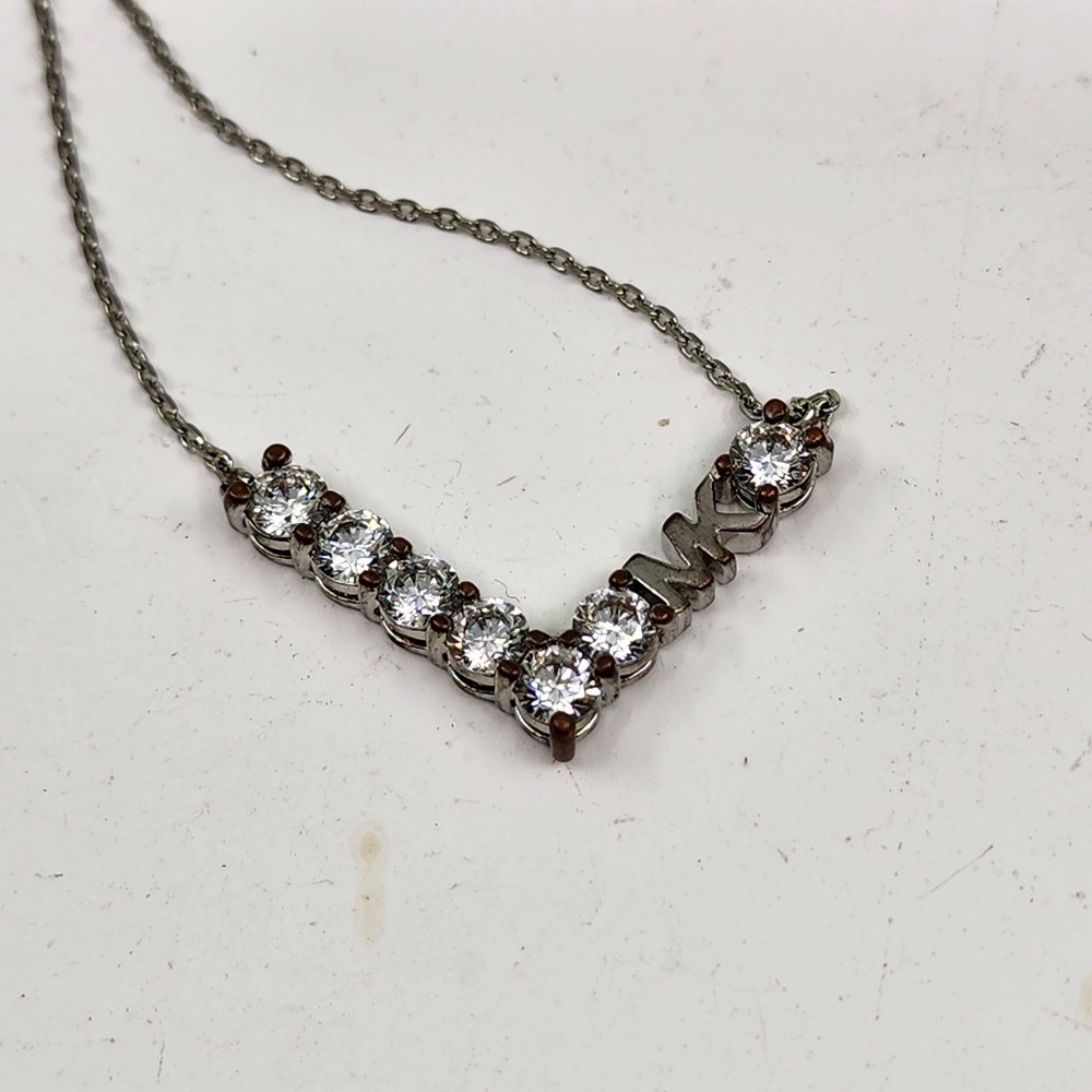 Michael Kors Silver Tone Clear Rhinestone V Statement Necklace Designer Glam